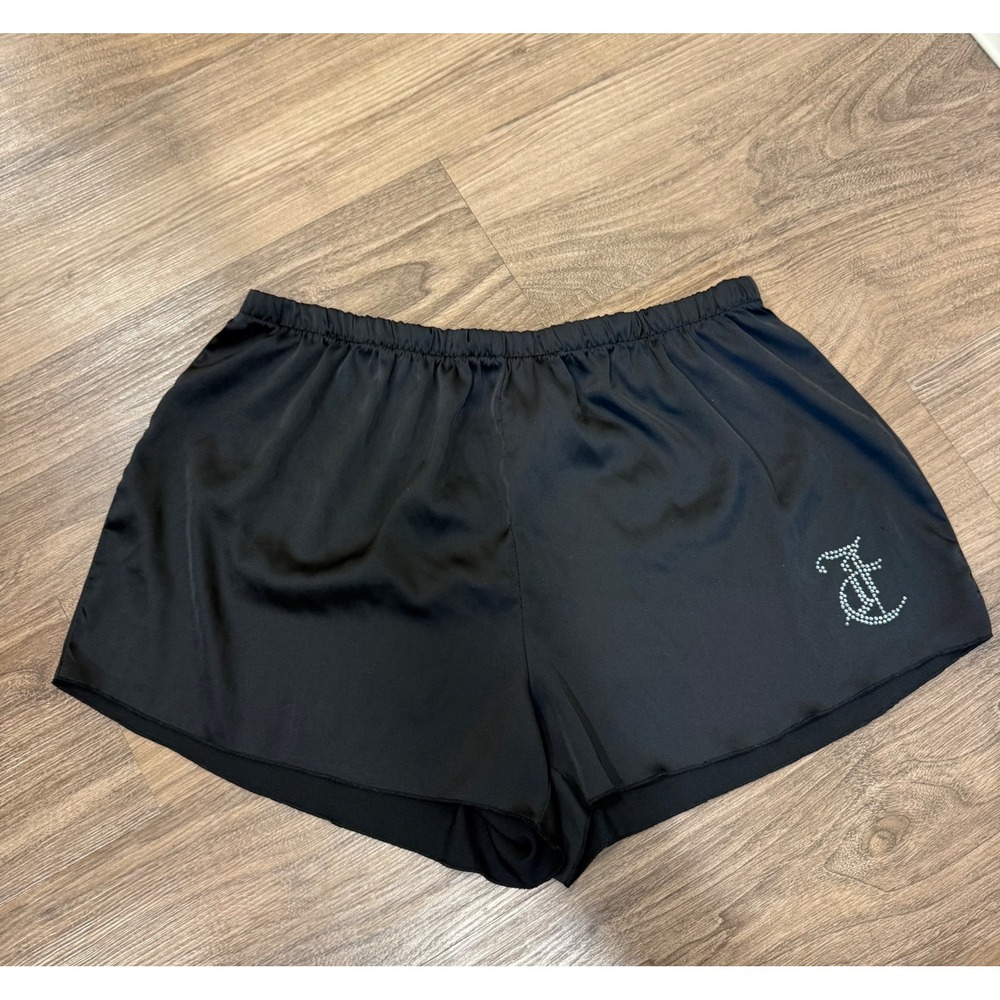 Juicy Couture Black Satin Pajama Shorts Rhinestone Logo Sleepwear Womens Large